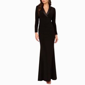 Adrianna Papell Black Tuxedo Dress Jersey Knit Satin Lapels Cocktail Gown Size 8